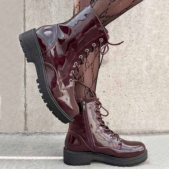 New Burgundy Wine Lace-Up Military Combat Moto Boots Ankle Booties Lug Platform - Picture 3 of 5